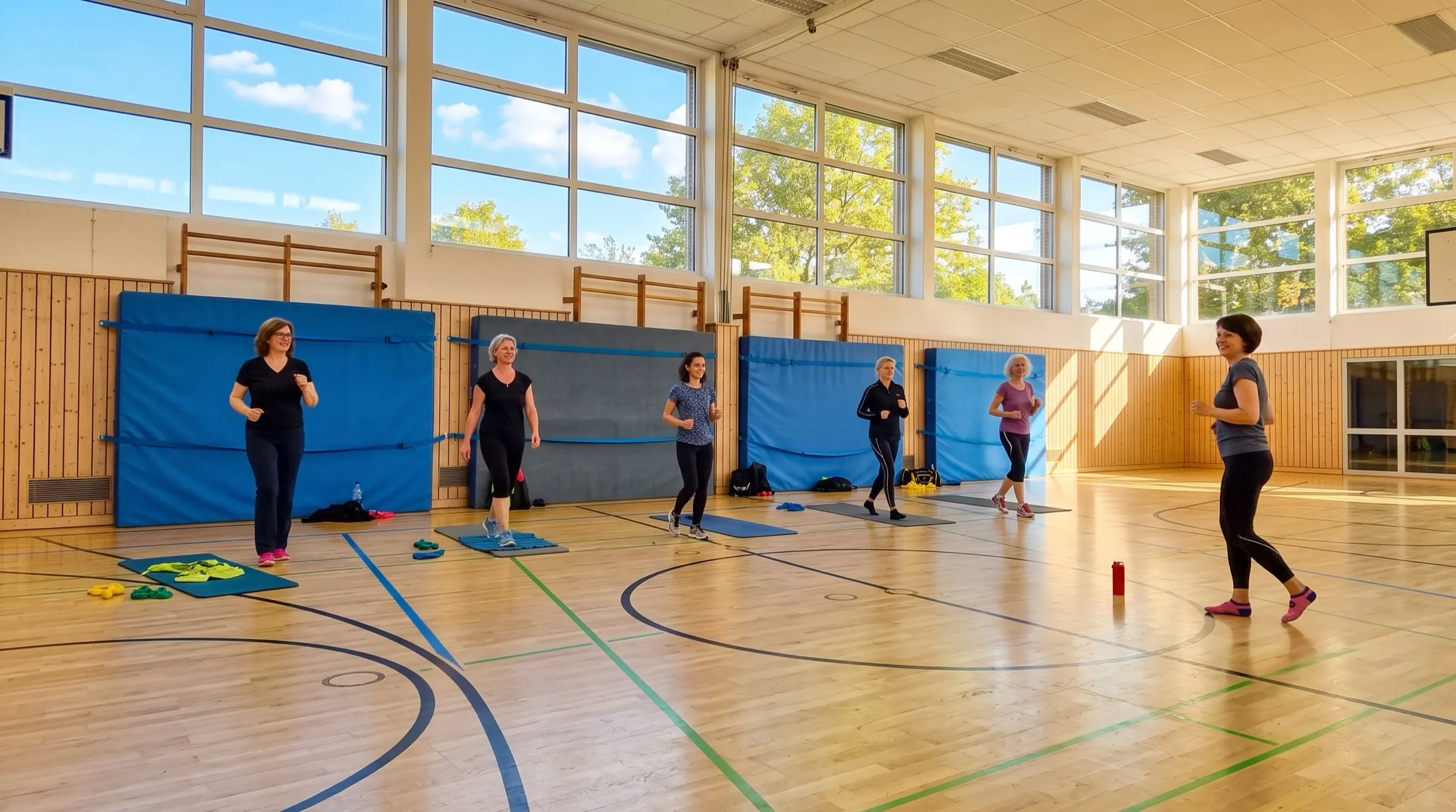 Frauenfitness-Kurs in der Sandberghalle, Gruppe in Bewegung mit Trainerin