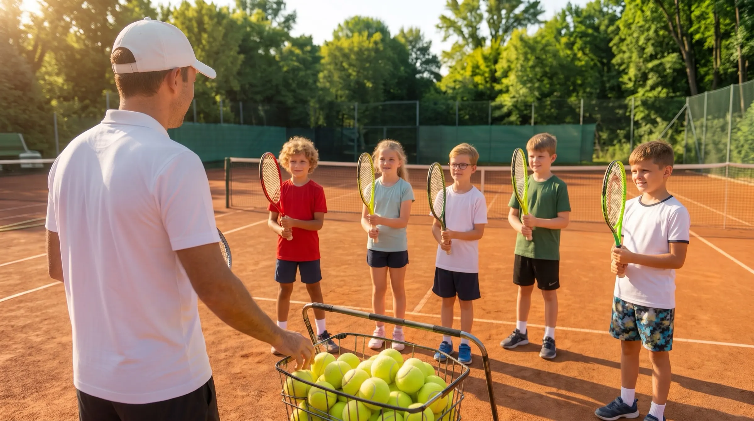 Trainer und Kinder auf dem Sandplatz, Ballkorb im Vordergrund